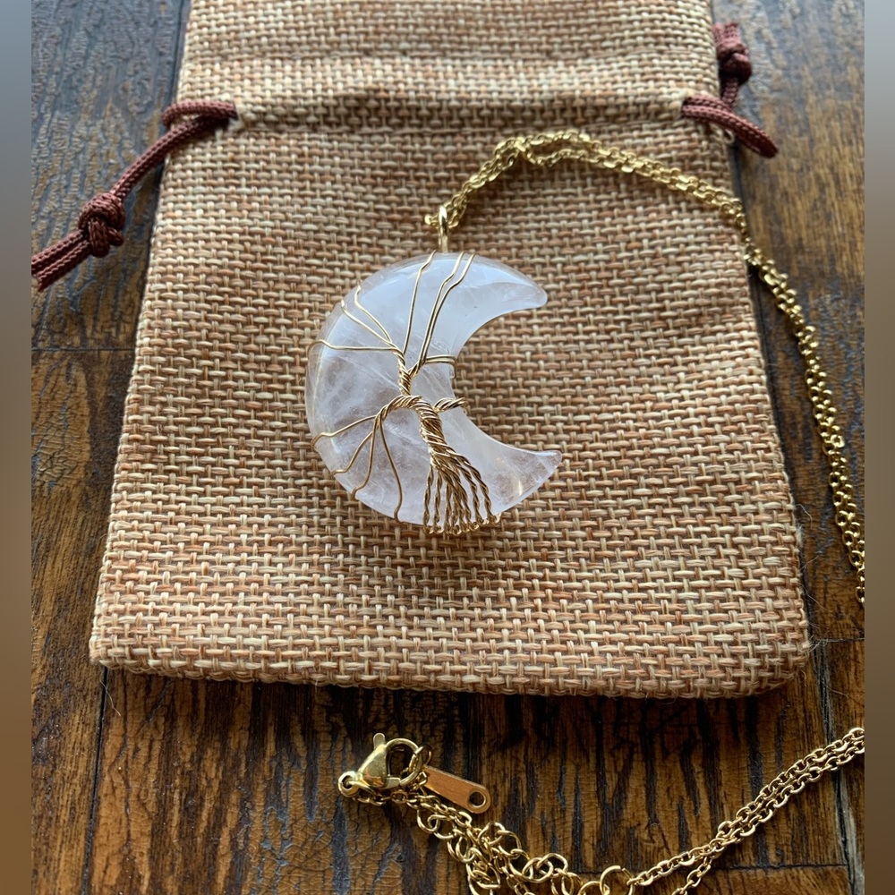 Clear Quartz Necklace Clear Quartz Pendant wit Gold Plated Stainless Steel Chain